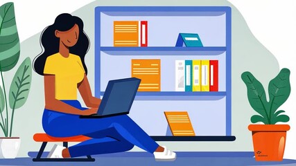Poster - A woman sits on a bench with a laptop in a bright, inviting study. Shelves filled with books and cheerful plants create a motivating workspace atmosphere.