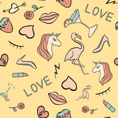 The design showcases whimsical icons like unicorns and hearts against a bright yellow background