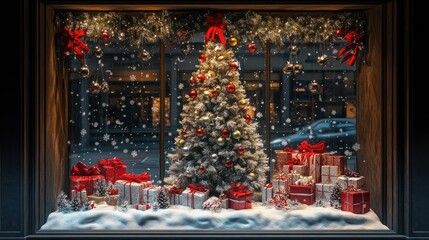 Wall Mural - Snowy Window Display with Christmas Tree and Gifts