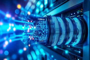 Poster - Bright circuitry and data flow illustrate cutting-edge storage technology inside a high-tech server environment