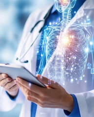 Medical professional using advanced holographic display to study human anatomy, showcasing modern healthcare technology and digital diagnostics.
