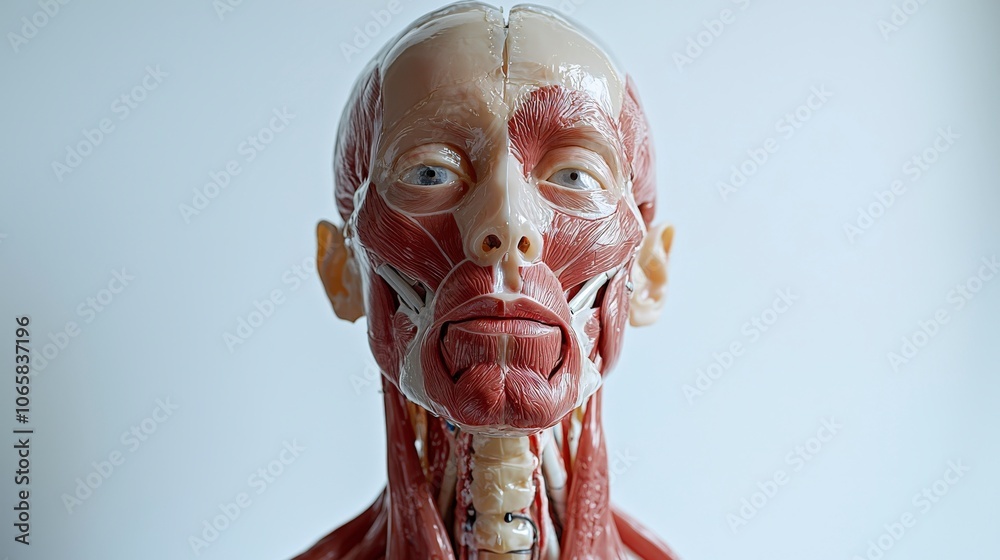 This image showcases a lifelike anatomical model of the human face with ...