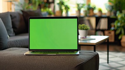 Aufkleber - A well-lit living room features a laptop on a couch, its screen glowing green. Surrounding plants add a fresh touch, enhancing the inviting atmosphere.