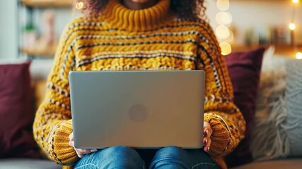 Aufkleber - A person wearing a knitted yellow sweater is focused on their laptop while comfortably seated on a couch. The space is cozy, decorated with warm lights, creating an inviting atmosphere.