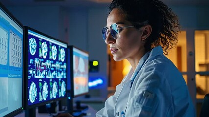Poster - A dedicated medical professional intently reviews brain scan images on multiple computer screens, demonstrating focus and expertise in a laboratory setting at night.