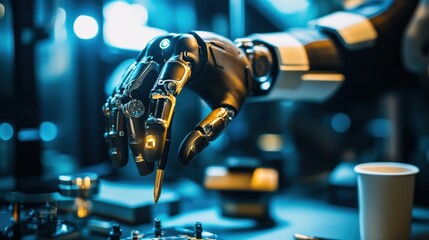 Aufkleber - A robotic prosthetic hand is skillfully grasping a small object in a high-tech laboratory setting, demonstrating advanced technology. Generative AI
