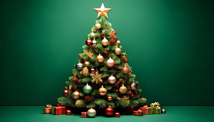 christmas tree rendered festive ornaments decorations surrounded green background