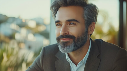 Man smiling in business attire with confident expression outdoors