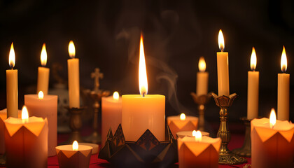 Candle burns on the altar, powerful magic among candles, pagan or wicca concept isolated with white highlights, png