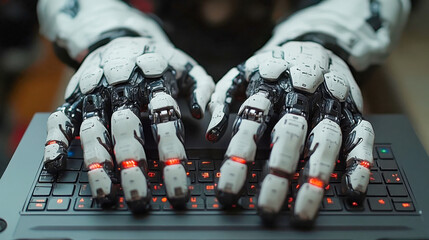 Poster - Close-up of robot hands typing on a laptop keyboard