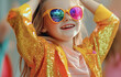© lena - Joyful girl wearing colorful sunglasses and a sparkling jacket at a vibrant party atmosphere