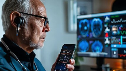 Aufkleber - An elderly doctor with earphones checks patient vital signs on a smartphone, while analyzing data on a large monitor in a contemporary medical office setting.