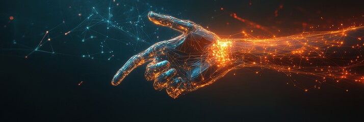 Leinwandbilder - An abstract representation depicts a prosthetic arm responding to neural signals, showcasing glowing connections from the brain. Generative AI