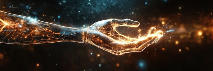 Leinwandbilder - A dynamic representation illustrates a prosthetic arm activated by neural signals, highlighting glowing connections to the brain. Generative AI