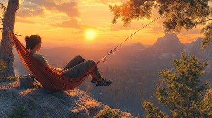 Woman hiker resting after climbing in a hammock at sunset