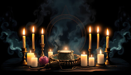 Altar, magic stuff, candles, wizarding illustration, energy, wicca concept isolated with white highlights, png