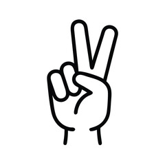 Black and White Peace Sign Line Icon, Minimalist line drawing of a hand making a peace or victory sign with two raised fingers, outlined in black on a white background.
