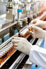 A scientist in a protective suit holds a test tube with medicine in his hands and conducts research in the laboratory. HIV vaccine