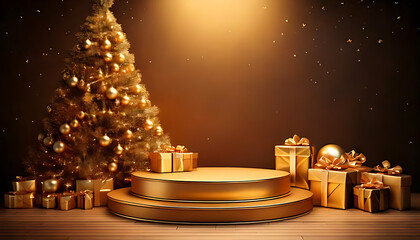 Wall Mural - golden podium shines behind christmas tree gift boxes generated ai festive holiday scene