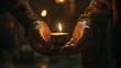 © Ana - Close-up of hands holding a candle in a dark room, soft warm glow, cinematic atmosphere