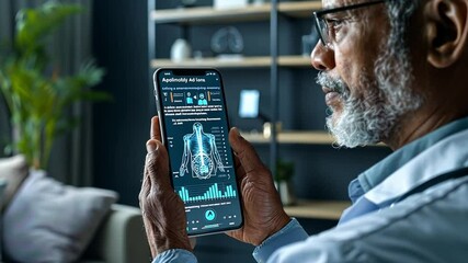 Aufkleber - A healthcare professional is focused on viewing detailed patient data displayed on a smartphone screen. The setting is a stylish office with minimalistic decor and greenery.