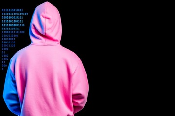 Poster - The back view of a computer hacker wearing a hooded sweatshirt over a binary abstract background. The face is obscured by clouds. Cybercrime, data theft, fraud and dark net.