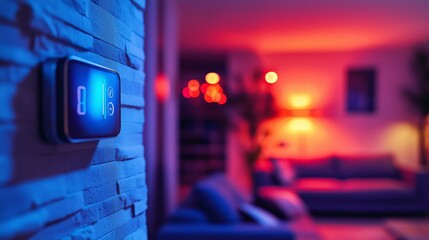 Poster - Modern smart thermostat on a wall with ambient lighting, symbolizing advanced technology, comfort, and energy efficiency in smart home systems, Generative AI