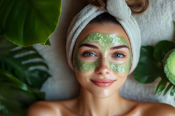 A young woman relaxes with a vibrant green facial mask, surrounded by tropical foliage