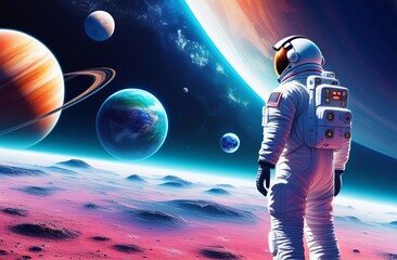 Wall Mural - an astronaut in outer space looks at the planets. an astronaut in a spacesuit. futuristic landscape.