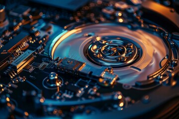 Poster - Hard disk drive platter spinning and reading data from a magnetic disk with a head