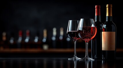 Two glasses of red wine and two bottles on a dark counter with a row of blurred bottles in the background.