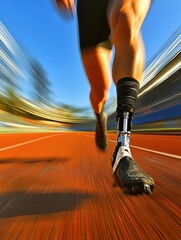 Poster - An athlete swiftly runs on a track using a prosthetic leg, focused on maintaining speed and technique during training. Generative AI