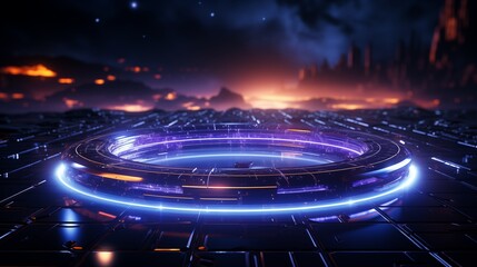 Wall Mural - Neon circle glows brightly against a dark tech-themed backdrop, creating a futuristic and dynamic aesthetic.