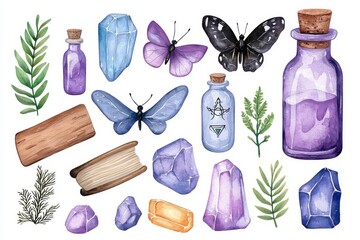 An illustrated set of watercolor illustrations with mystical items, ingredients, herbs, potion bottles, and stars. This set of watercolors is excellent for decoration, stickers, design, scrapbooking,