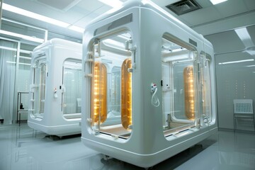 Poster - Two illuminated cryogenic chambers standing in a bright sterile laboratory