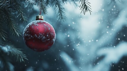 Wall Mural - red christmas ball hanging on a fir branch, with a soft, blurry background of snow-covered trees