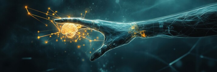 Leinwandbilder - A prosthetic arm glows with neural signals radiating from the brain, representing advanced technology for improved mobility. Generative AI