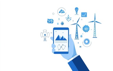 Poster - hand holding a smartphone displaying graphics about renewable energy technology and sustainable deve