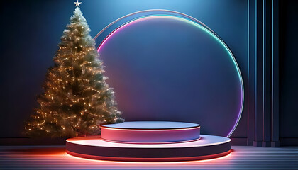 Wall Mural - realistic background set features christmas tree podium neon light minimalist new year wall scene backdrop