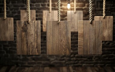 Poster - Rustic wooden boards hang from ropes in a dimly lit room with brick walls creating a cozy and artistic atmosphere