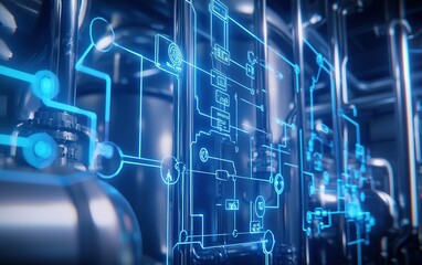 Poster - Innovative industrial technology showcasing digital blueprints on pipelines in an advanced facility during nighttime operations