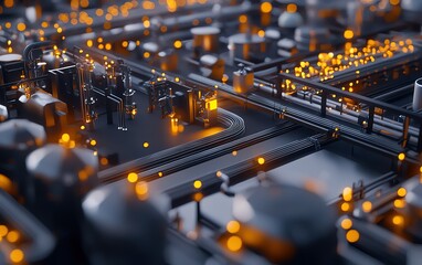 Poster - Close-up view of a complex circuit board with glowing elements during a technology showcase event at a modern exhibition center