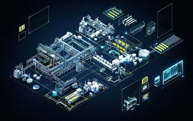 Poster - An intricate 3D representation of a modern industrial facility showcasing machinery and processing layouts at night