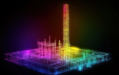 Poster - Colorful wireframe representation of an industrial facility at night with vibrant lighting effects