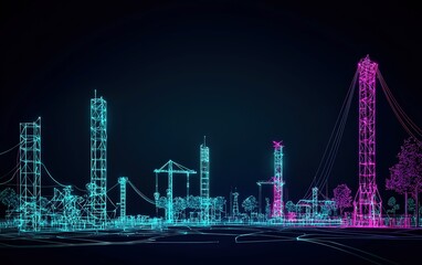 Poster - A vibrant digital cityscape showcasing futuristic architecture and power lines illuminated at night