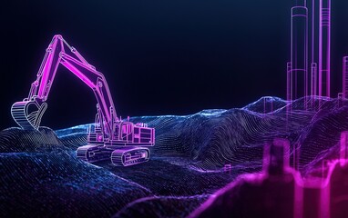 Poster - Digital excavation machine working on a futuristic landscape with vibrant pink and blue tones at night
