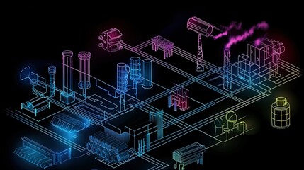 Poster - Neon blueprint of an industrial complex showcasing various manufacturing processes and equipment in modern engineering design