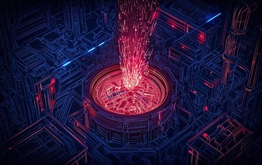 Poster - Futuristic energy source illuminating a high-tech cityscape at night with vibrant colors and intricate details