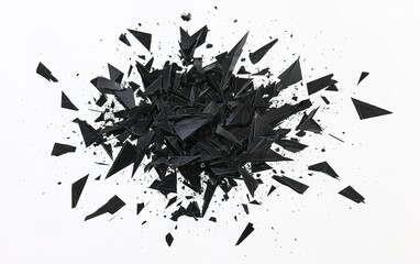 Poster - Black crystal shards scattered on a white background, showcasing unique geometric shapes and textures at close range