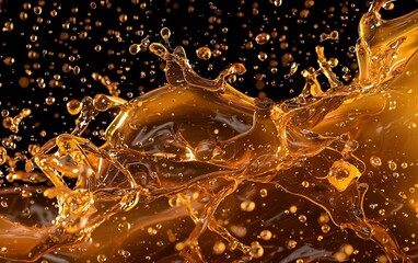 Poster - Dynamic orange liquid splash in dark background showcasing captivating droplets and movement during a high-energy moment